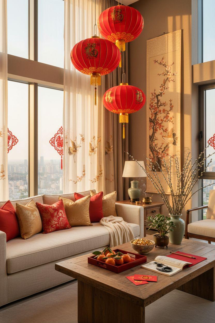 Chinese New Year decorations - red lacquer tray with fresh tangerines and gold accents