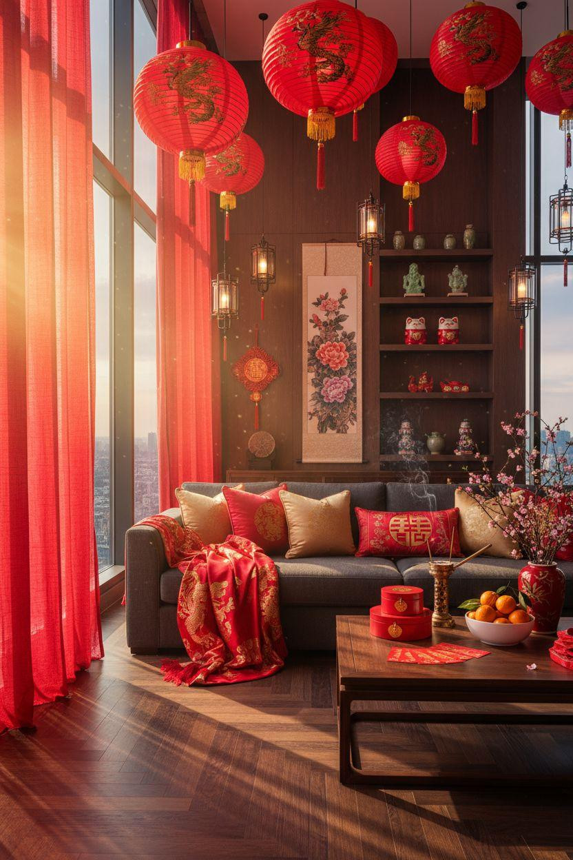 Chinese New Year decorations - charcoal sofa with gold brocade pillows and hanging lanterns