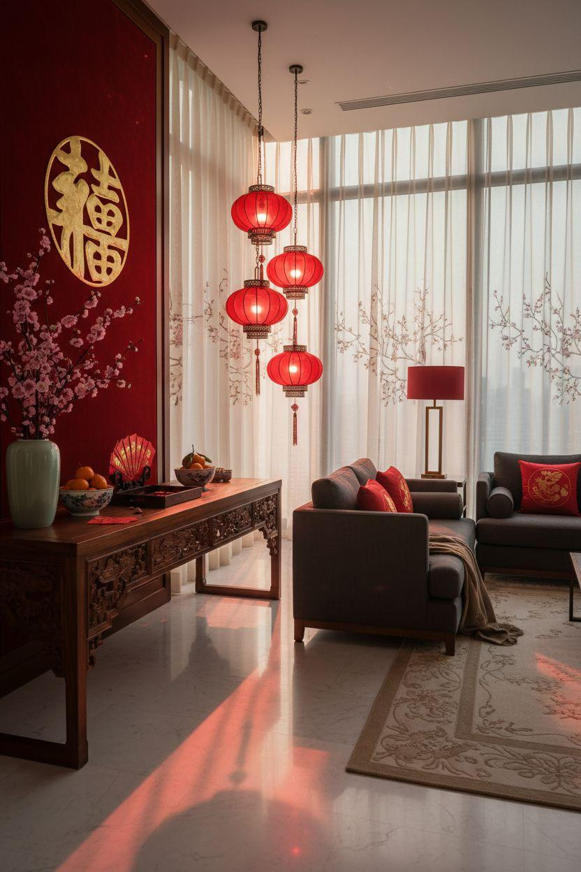 Chinese New Year decorations - walnut altar table with red silk banners and fresh blooms