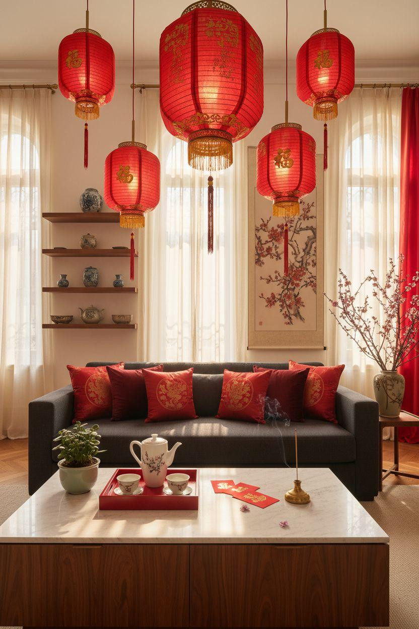Chinese New Year decorations - black lacquer table with red envelopes and fresh blossoms