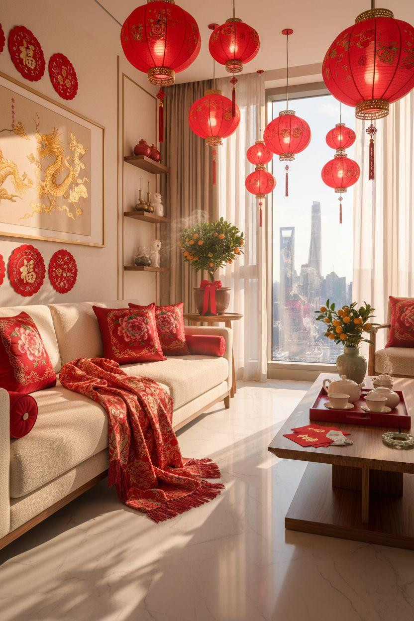 Chinese New Year decorations - red silk curtains with hanging lanterns over walnut floors