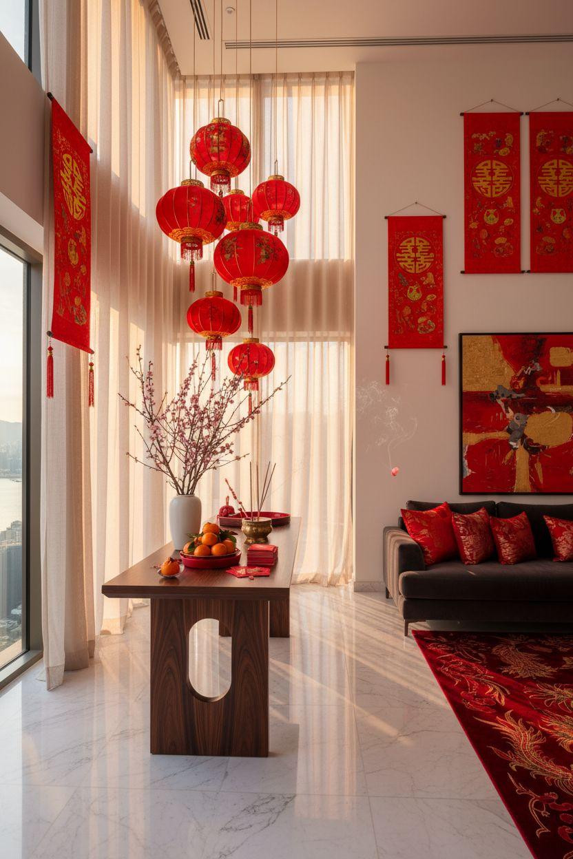 Chinese New Year decorations - marble console with red lanterns and city skyline views