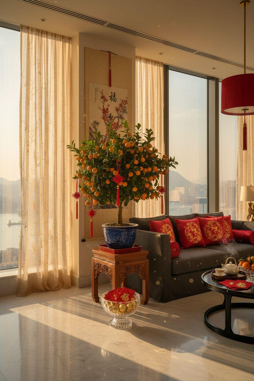 Chinese New Year home decor - kumquat tree focal point