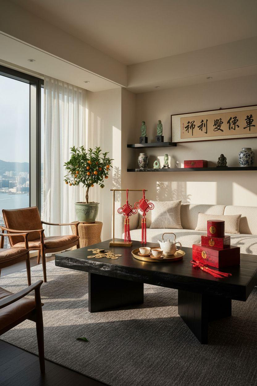 Chinese New Year home decor - neutral sofa with red accents