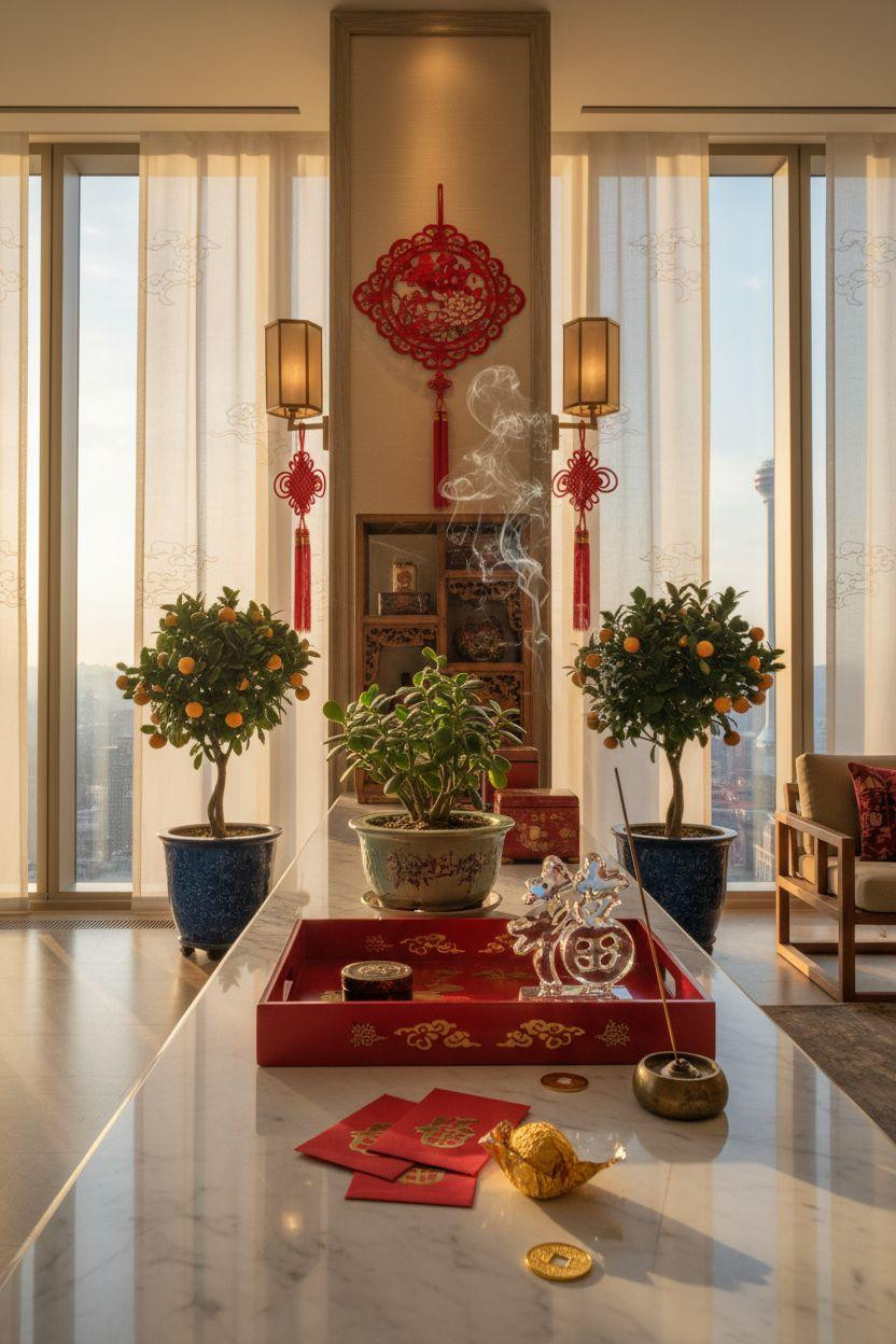 Chinese New Year home decor - console table with Fu character