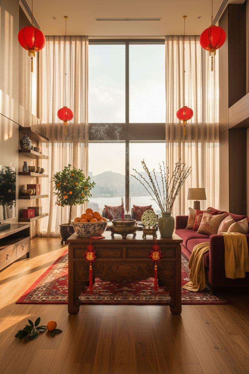 Chinese New Year home decor - velvet sofa with golden light