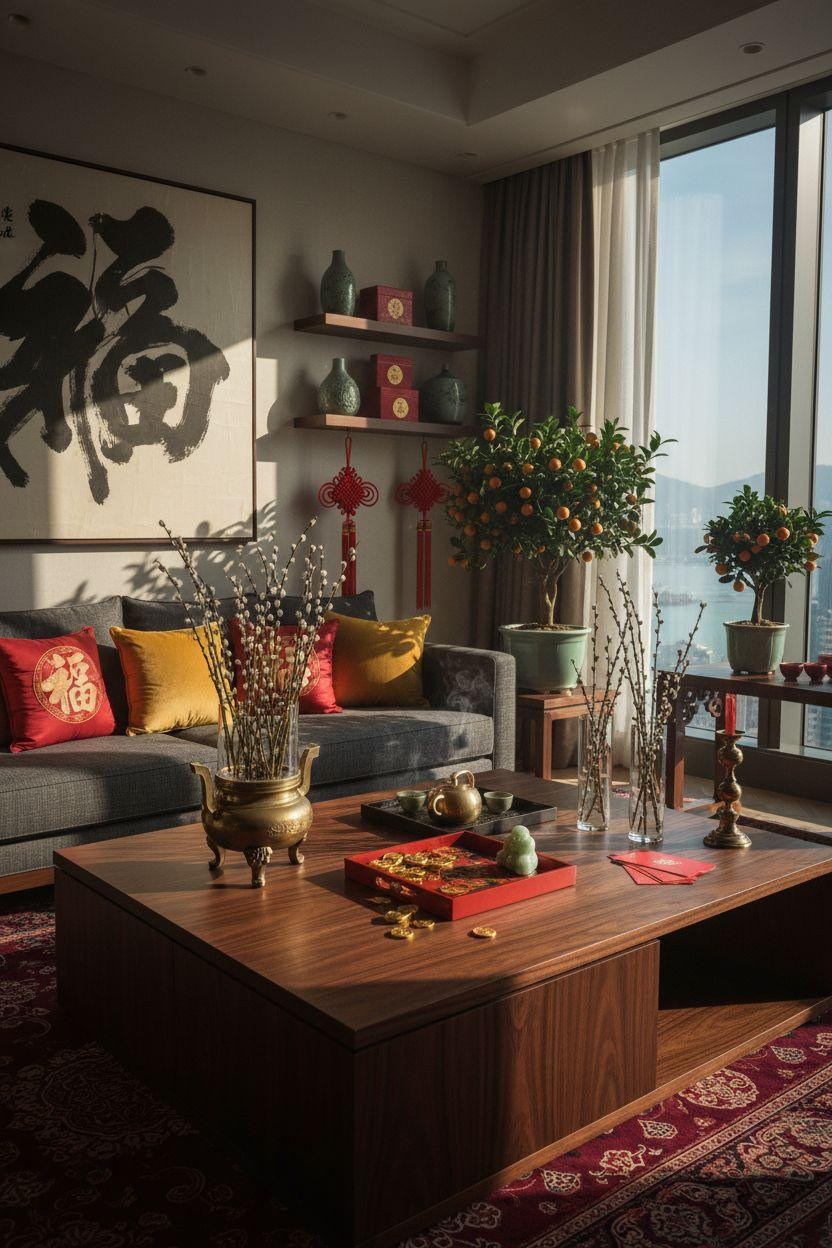 Chinese New Year home decor - neutral sofa with festive cushions