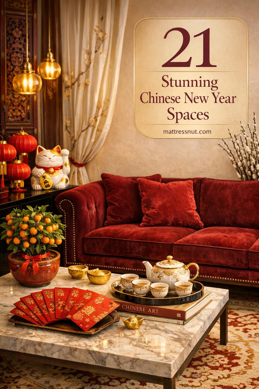 Elegant living room with crimson velvet sofa, black lacquered console, red paper lanterns, golden accents, and silk rug