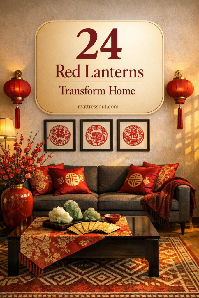 Elegant living room featuring red silk lanterns, charcoal sofa with crimson cushions, gold envelopes on black lacquered table, plum blossoms in vermillion vases