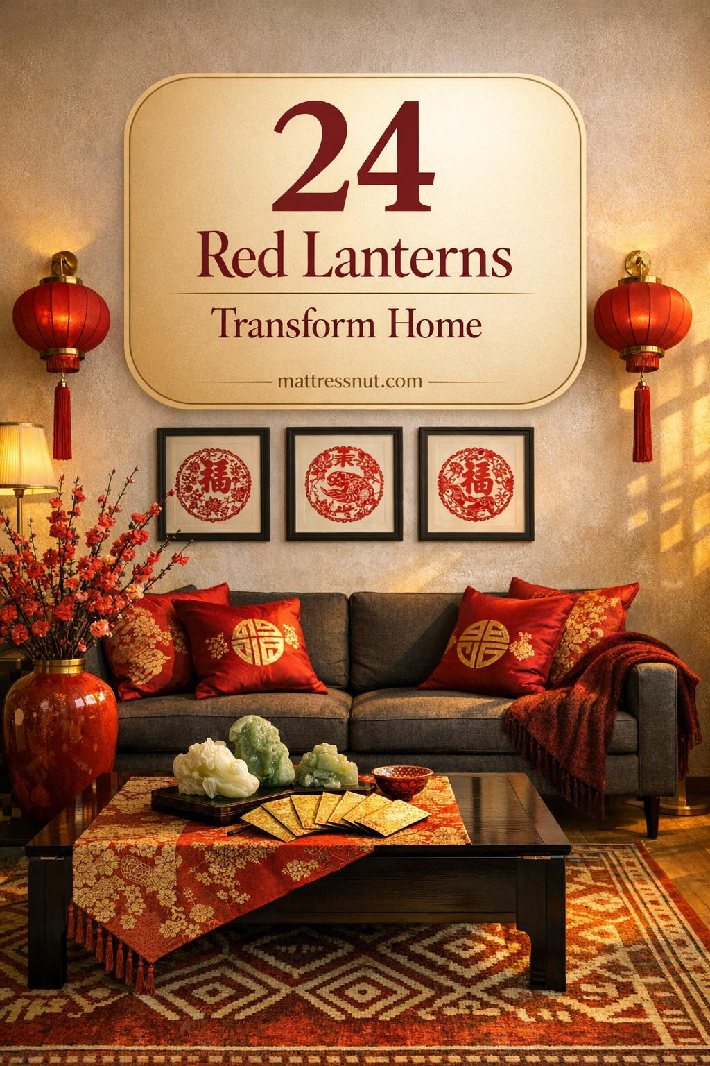 Elegant living room featuring red silk lanterns, charcoal sofa with crimson cushions, gold envelopes on black lacquered table, plum blossoms in vermillion vases