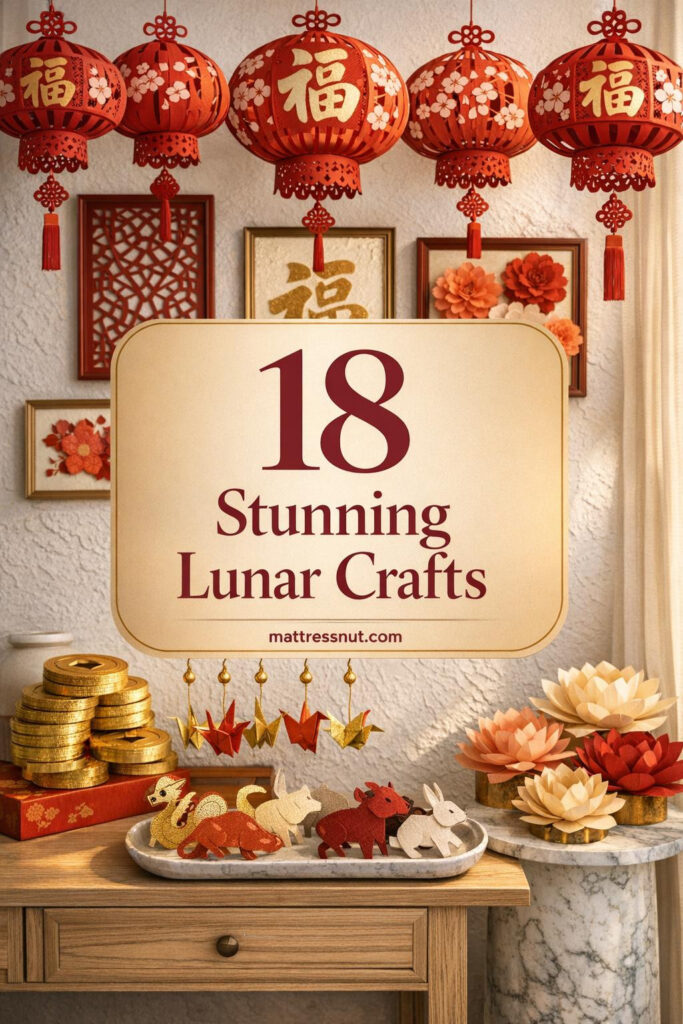 Living room with red paper lanterns, gold origami cranes, paper cut zodiac animals, and dimensional lotus flowers on console