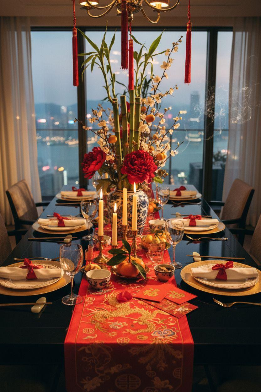 Chinese New Year tablescape - brass candleholders with red taper candles