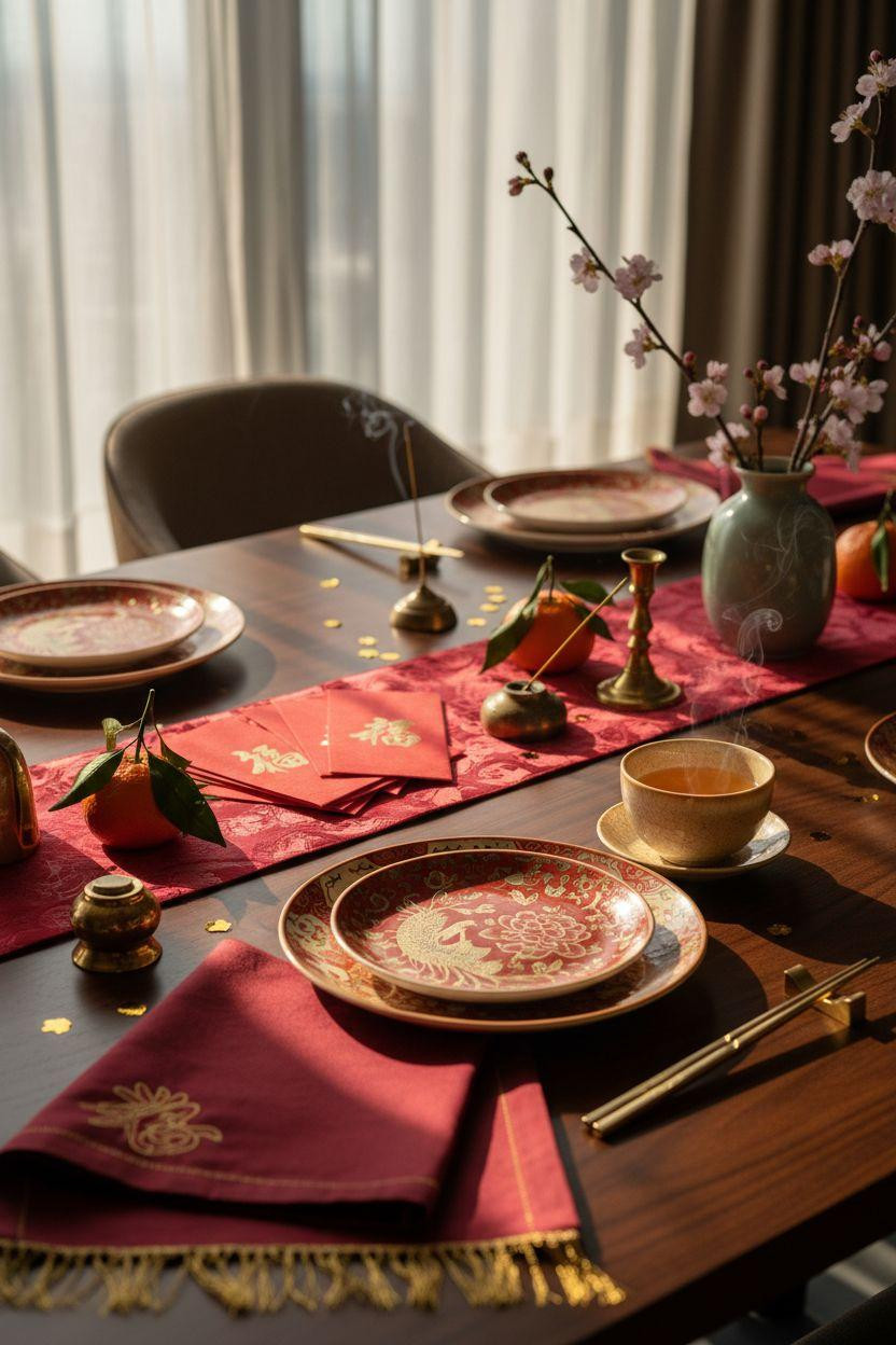 Chinese New Year tablescape - close-up of jade chopsticks and gold accents