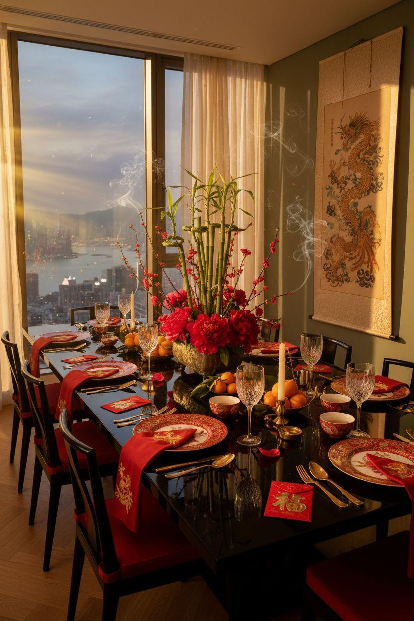 Chinese New Year tablescape - twilight setting with red silk runner