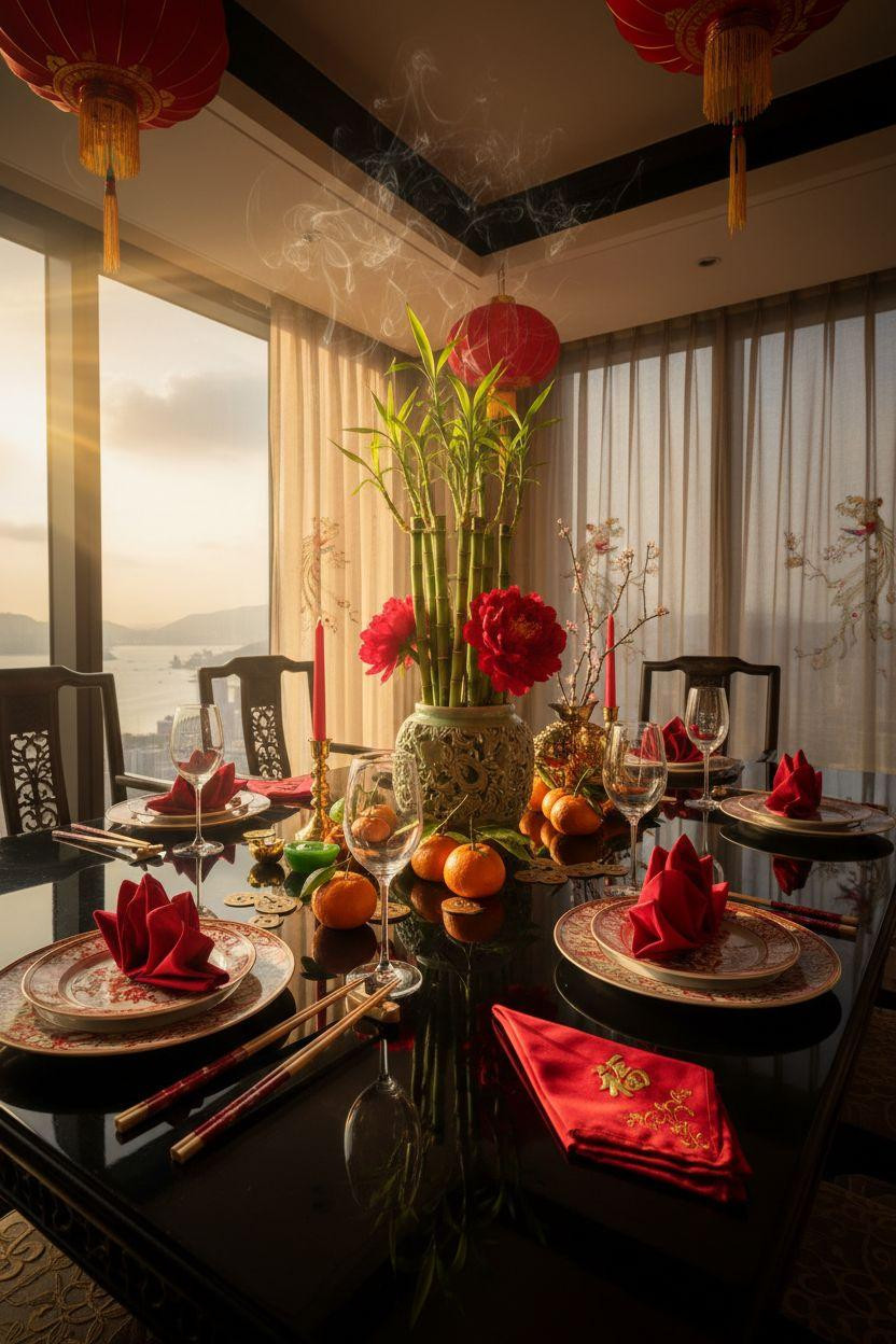 Chinese New Year tablescape - penthouse dining with bamboo centerpiece