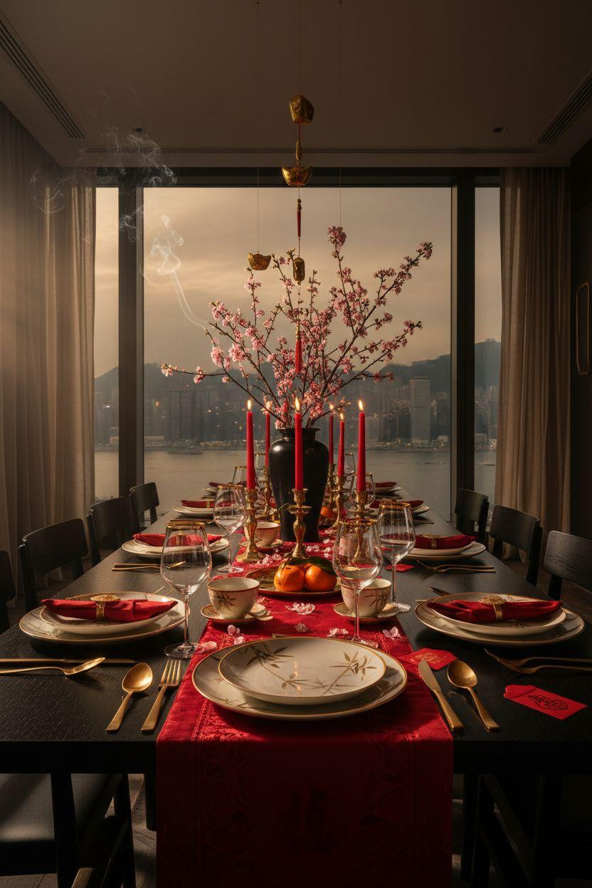 Chinese New Year tablescape - ebony wood table with cherry blossoms