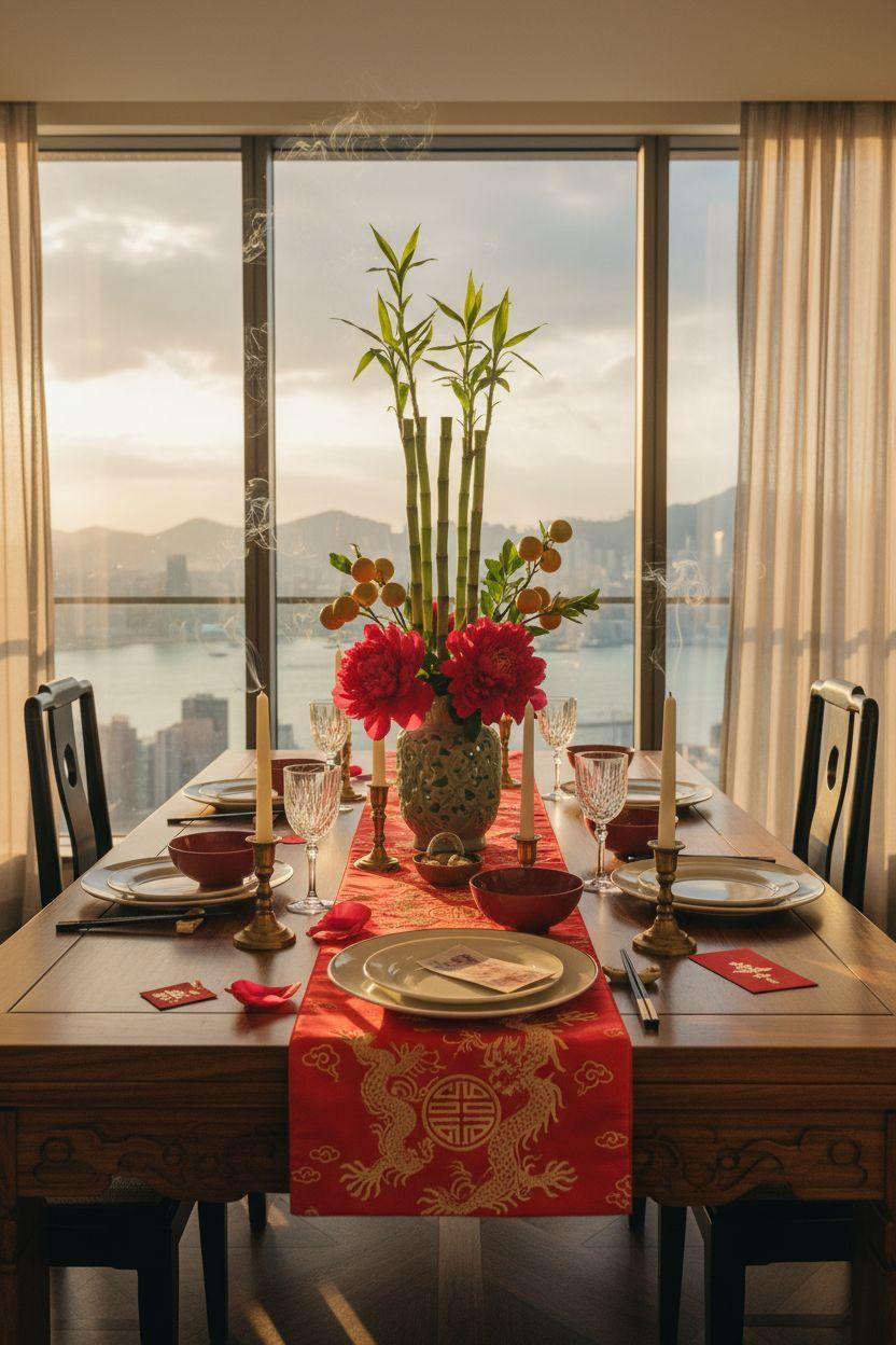 Chinese New Year tablescape - rosewood table with peonies and kumquats
