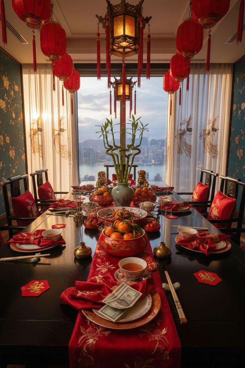 Chinese New Year tablescape - red lanterns with gold tassels overhead