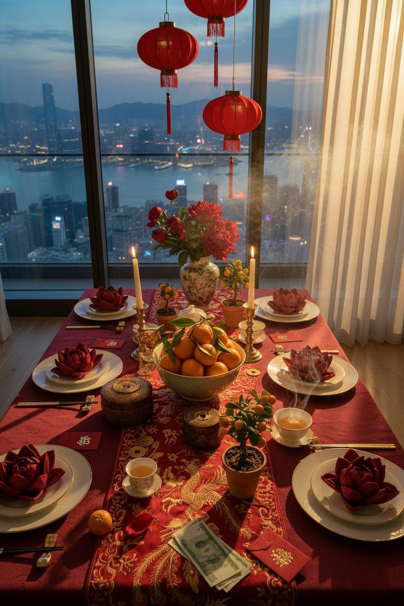 Chinese New Year tablescape - mother-of-pearl chopsticks on silk napkins