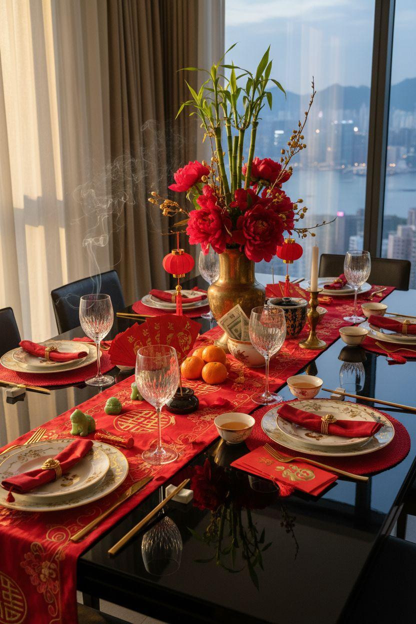 Chinese New Year tablescape - red envelopes with gold calligraphy