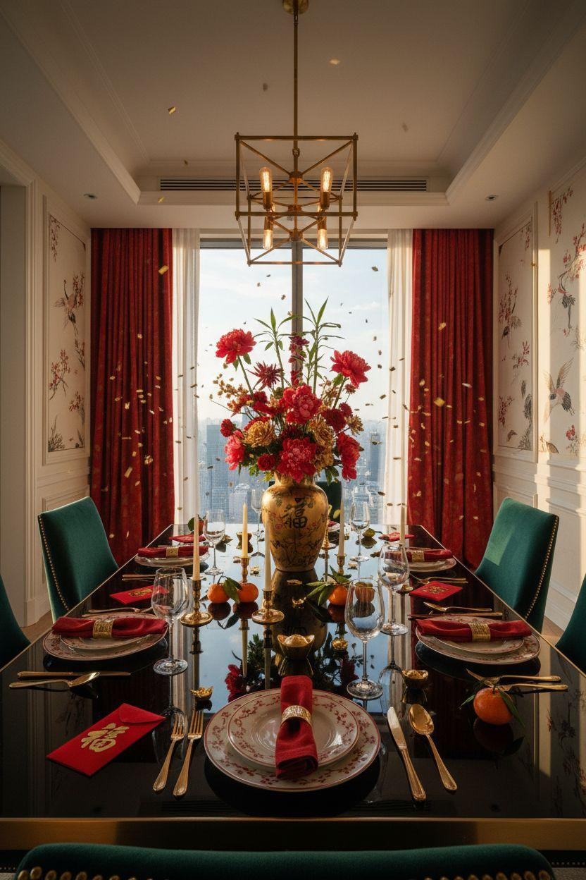 Chinese New Year tablescape - oversized peony centerpiece in gold vase