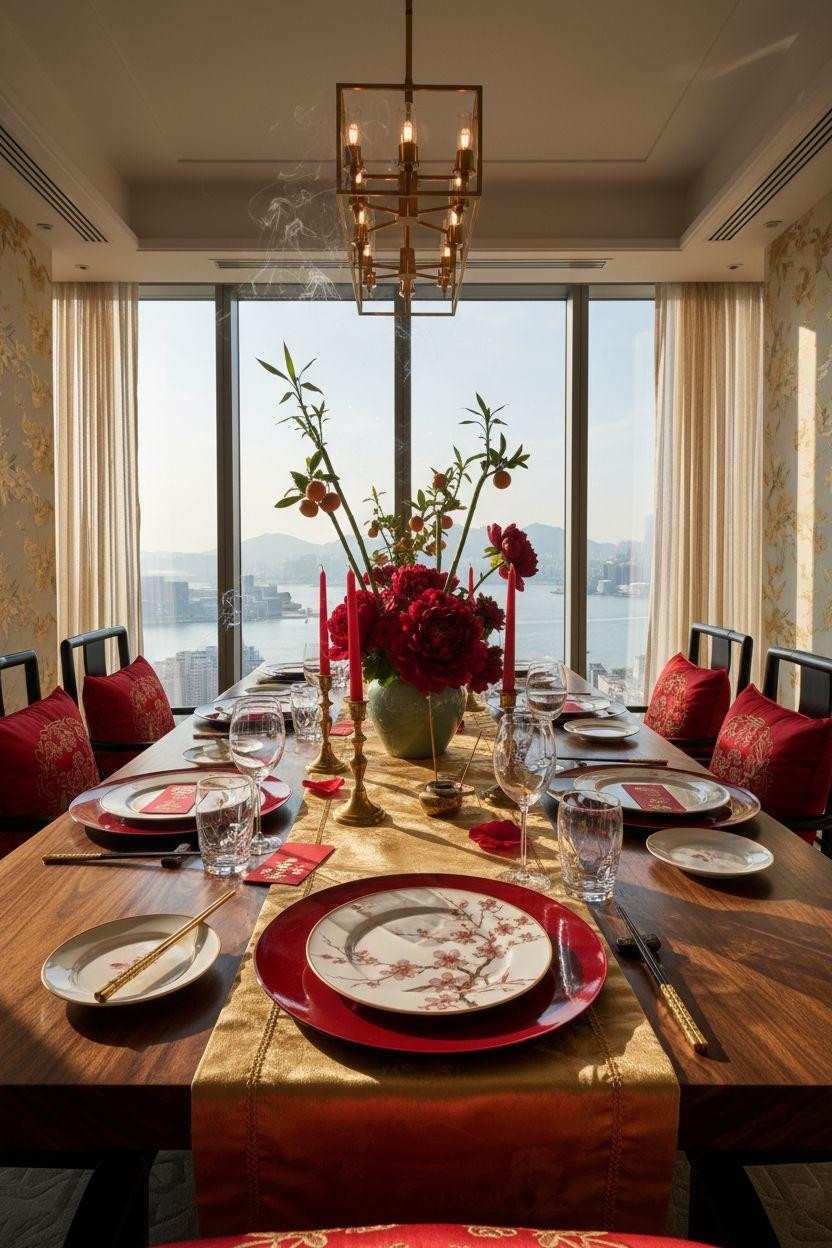 Chinese New Year tablescape - wide view with chinoiserie wallpaper