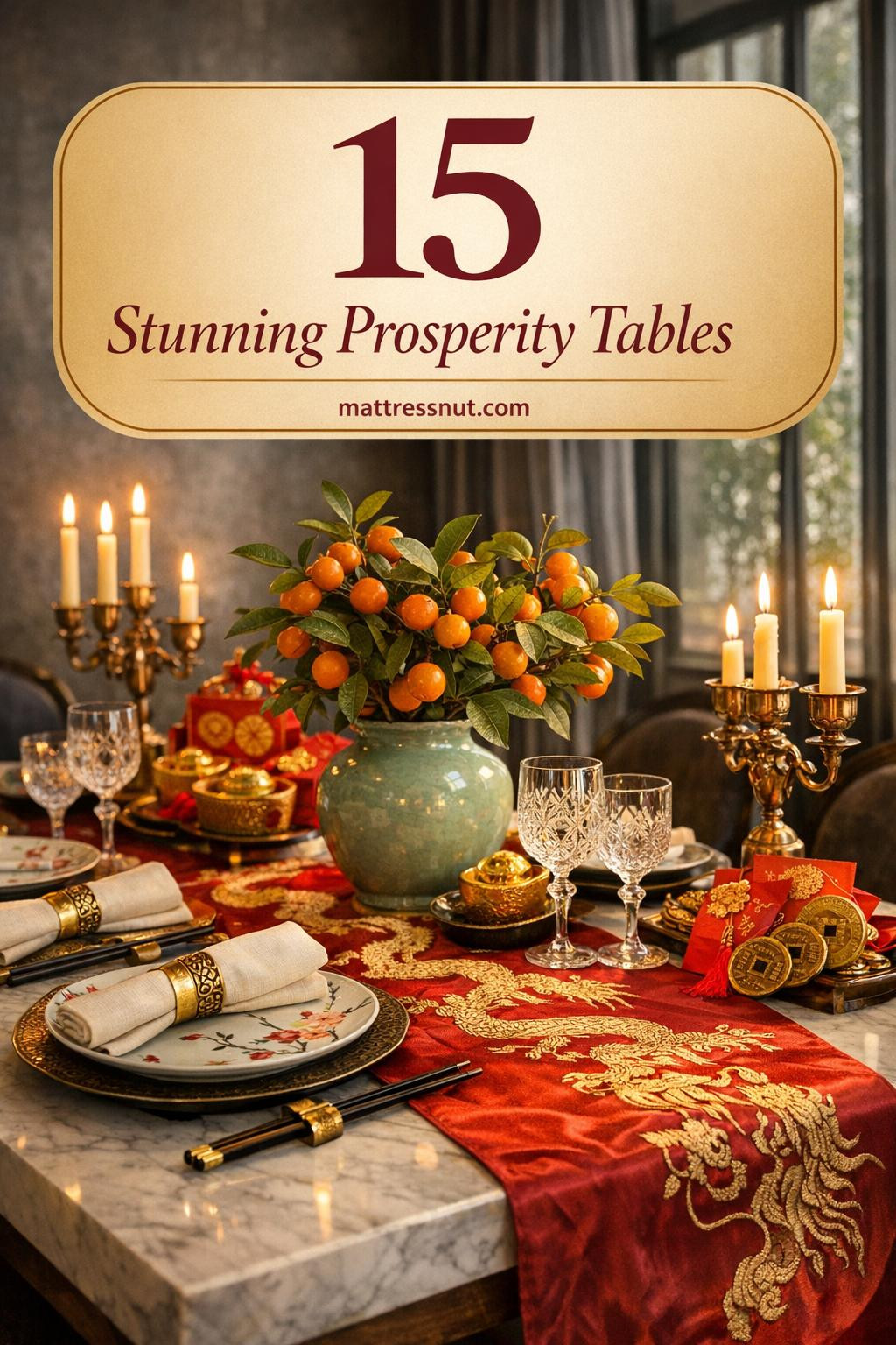 Elegant dining table with crimson silk runner, golden dragon embroidery, porcelain plates, kumquat branches, red envelopes