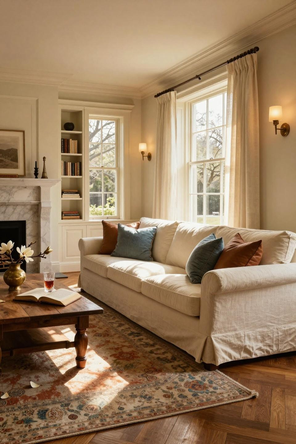 classic southern home decor - elegant living room with limestone fireplace