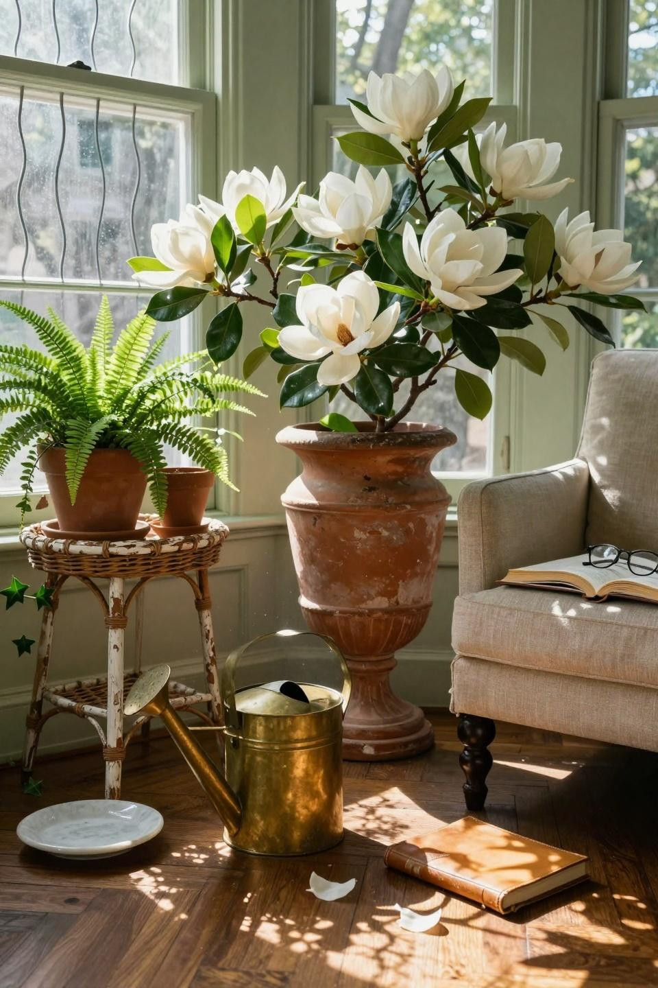 classic southern home decor - sunroom with plants and natural light