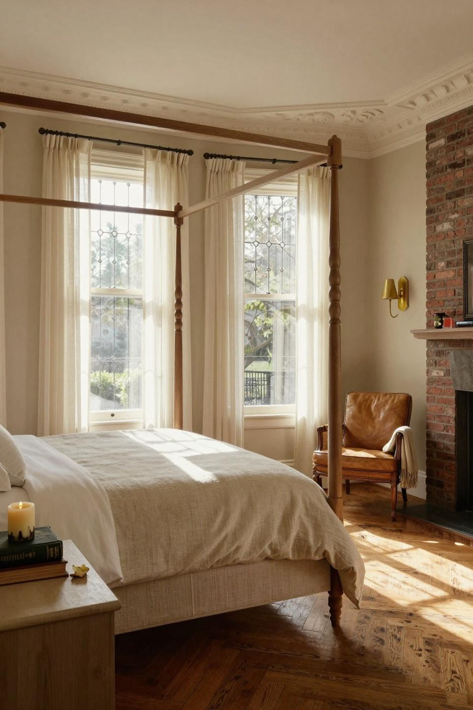 classic southern home decor - bedroom with natural linen and wood