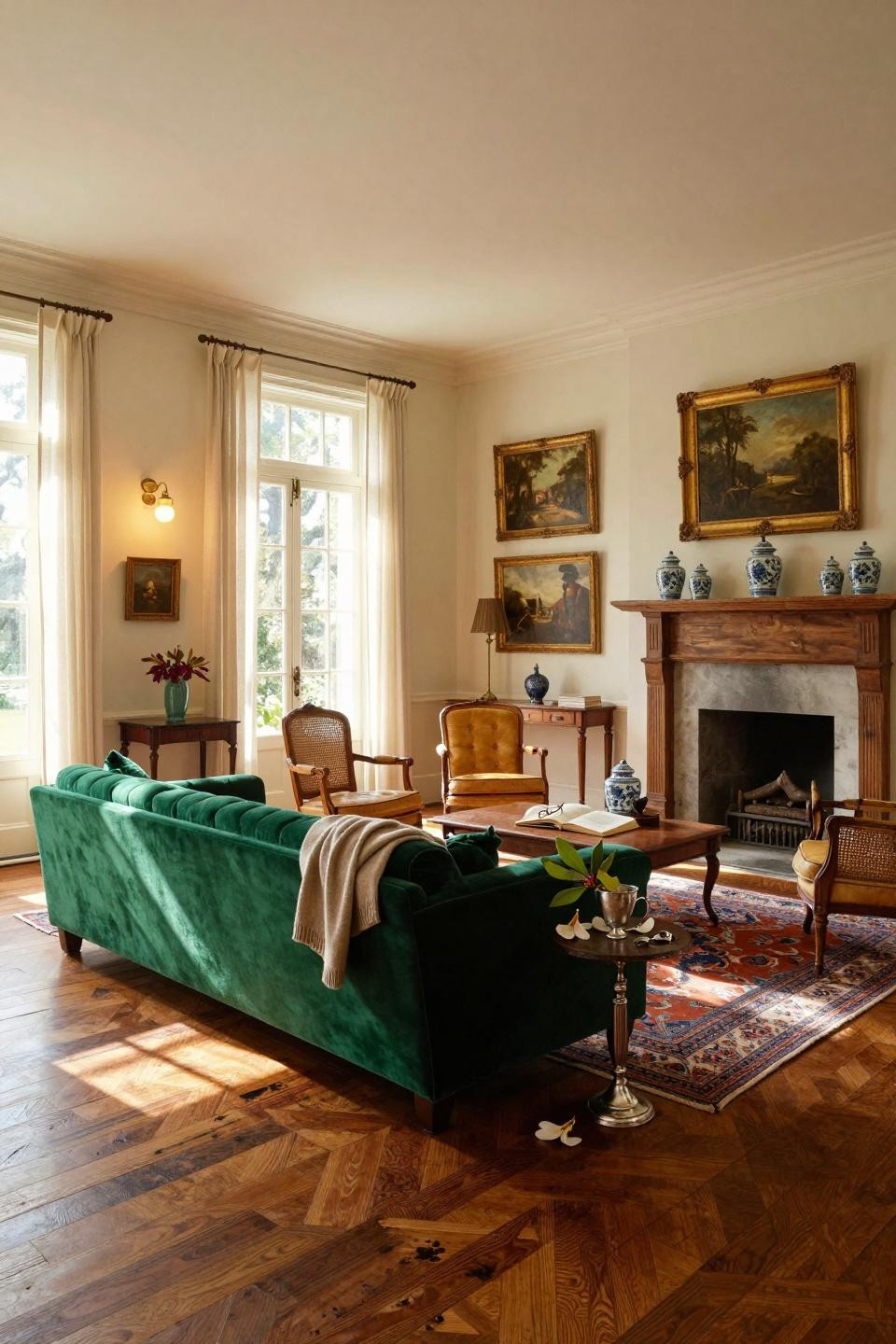 classic southern home decor - living room with bold green velvet