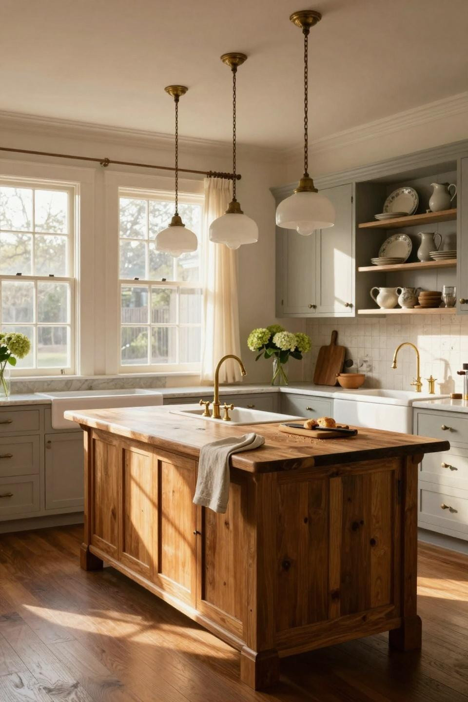 classic southern home decor - kitchen with vintage brass lighting