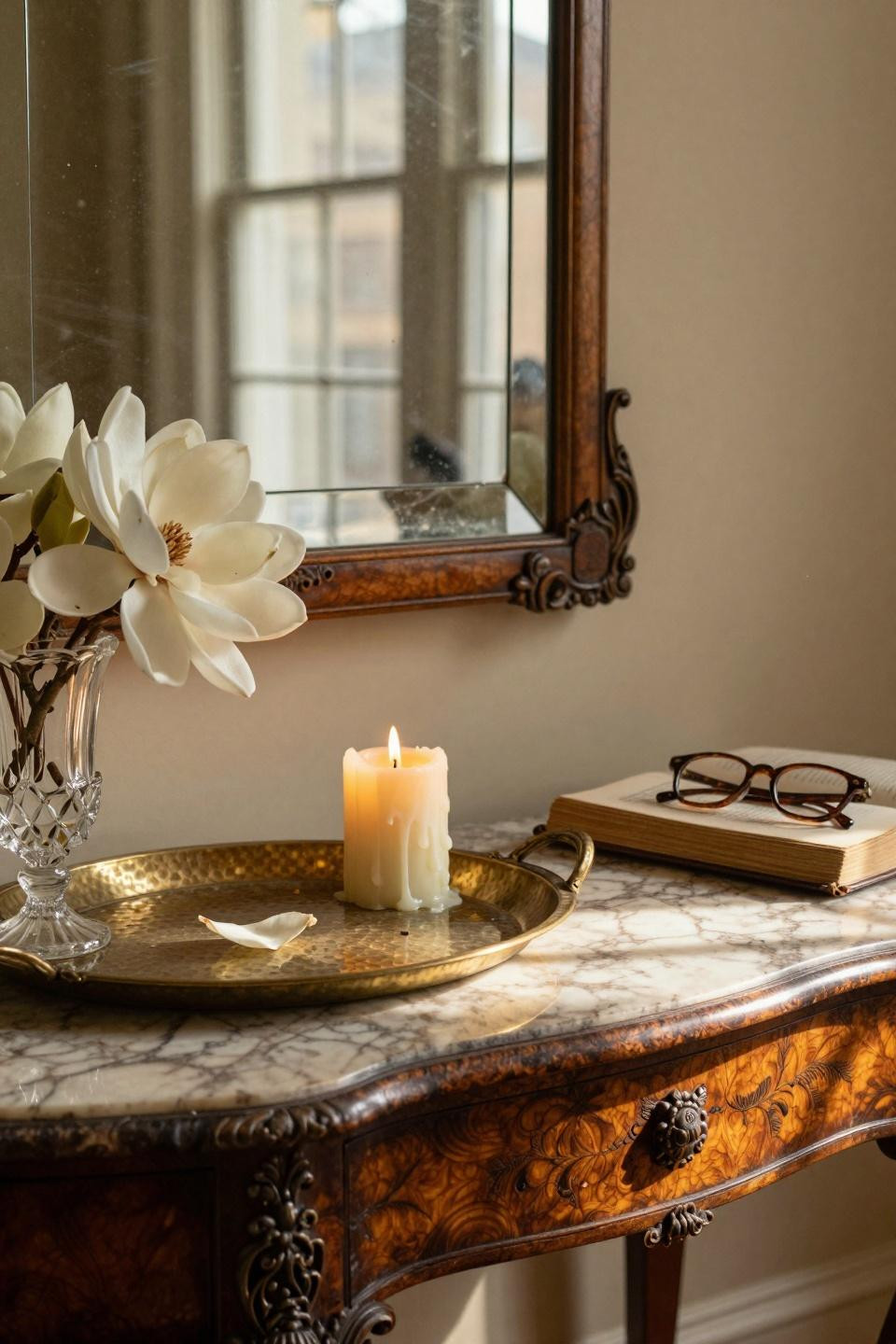 classic southern home decor - foyer console with carved mahogany detail