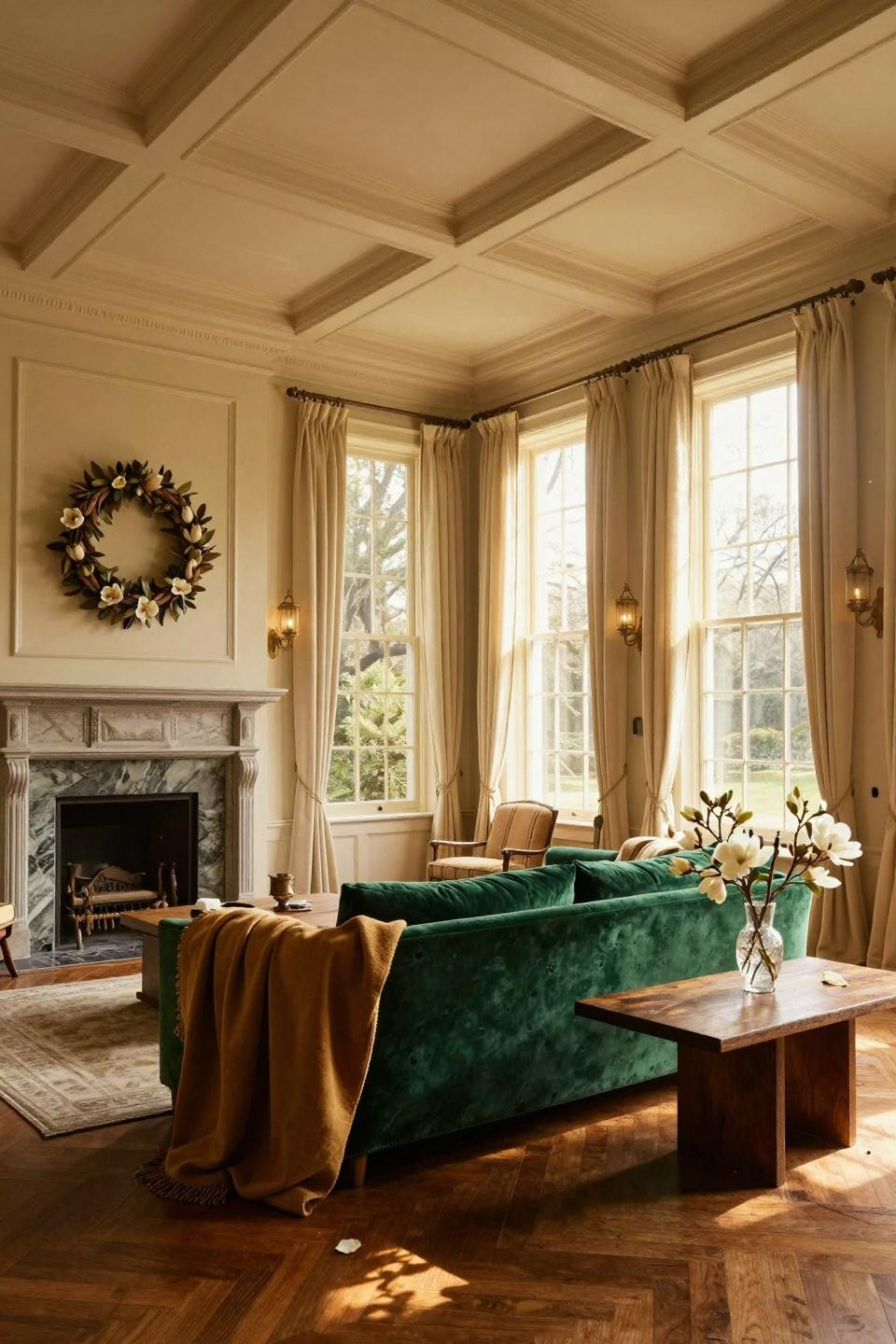 classic southern home decor - stately room with bold green sofa