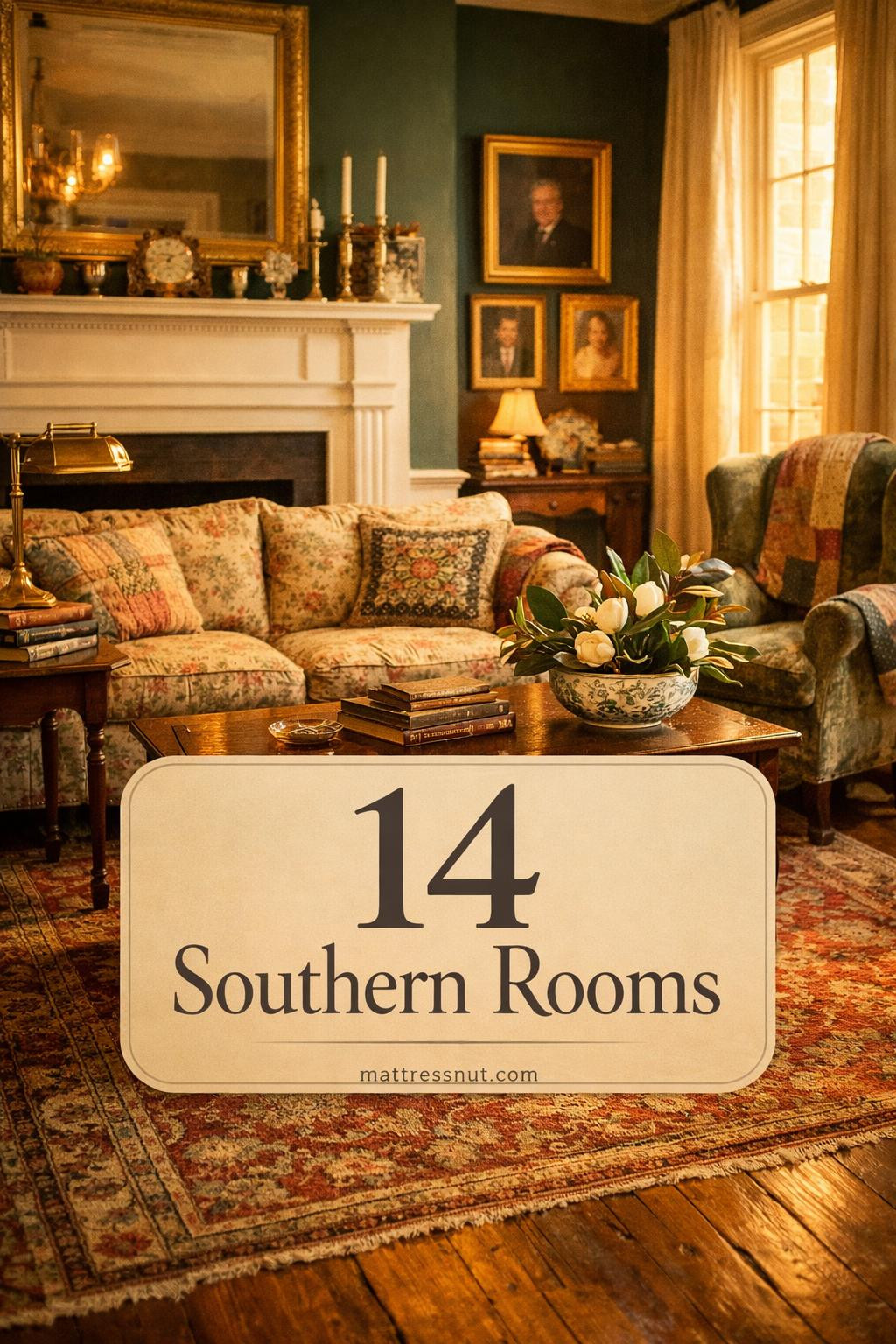 Warm living room with vintage furniture, floral patterns, wood accents, neutral tones, and heirloom pieces in cozy arrangement