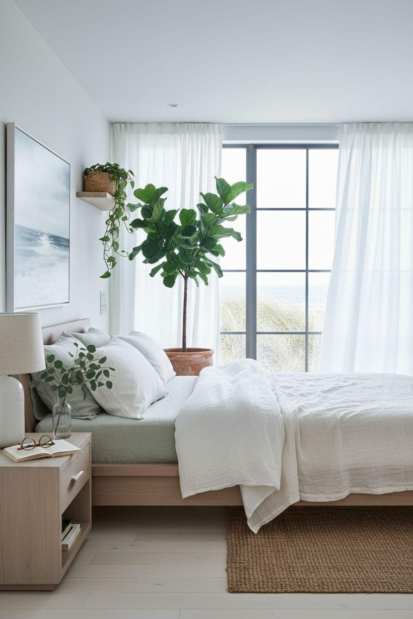 Coastal Bedrooms - minimal coastal bedroom with plants