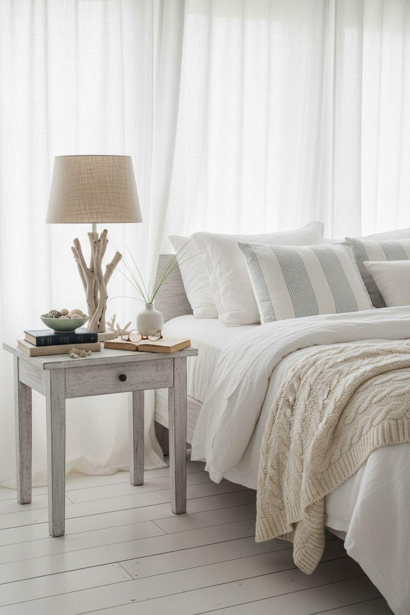 Coastal Bedrooms - close up of coastal nightstand styling