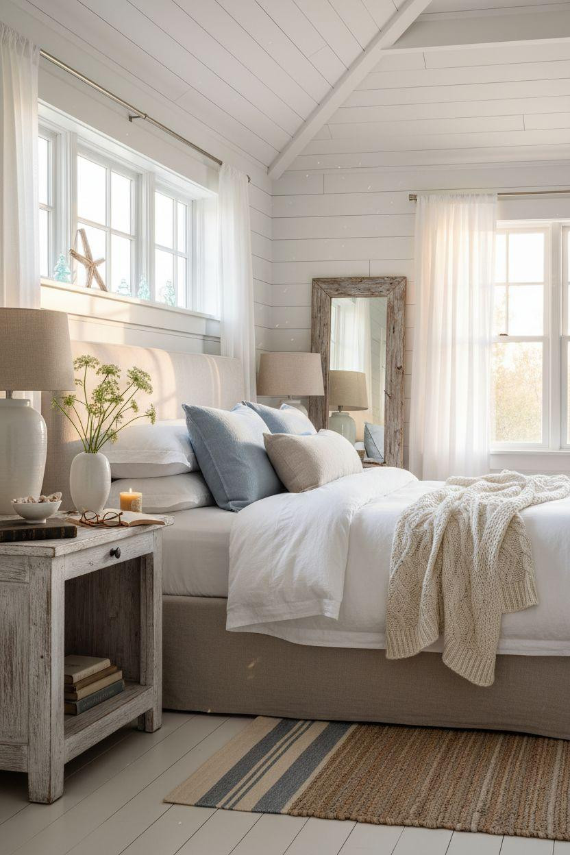 Coastal Bedrooms - bright white coastal bedroom with shiplap walls