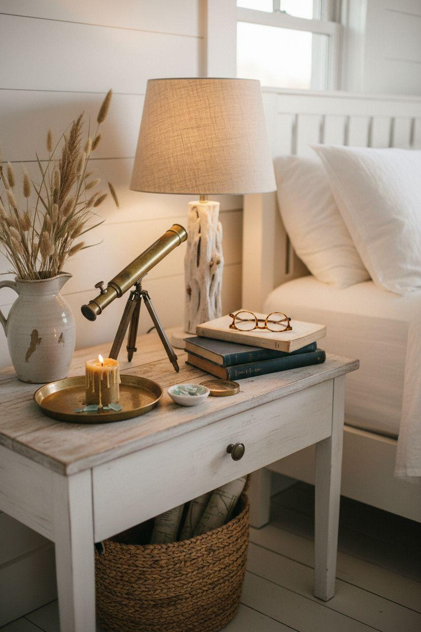 Coastal Bedrooms - nightstand with vintage brass telescope