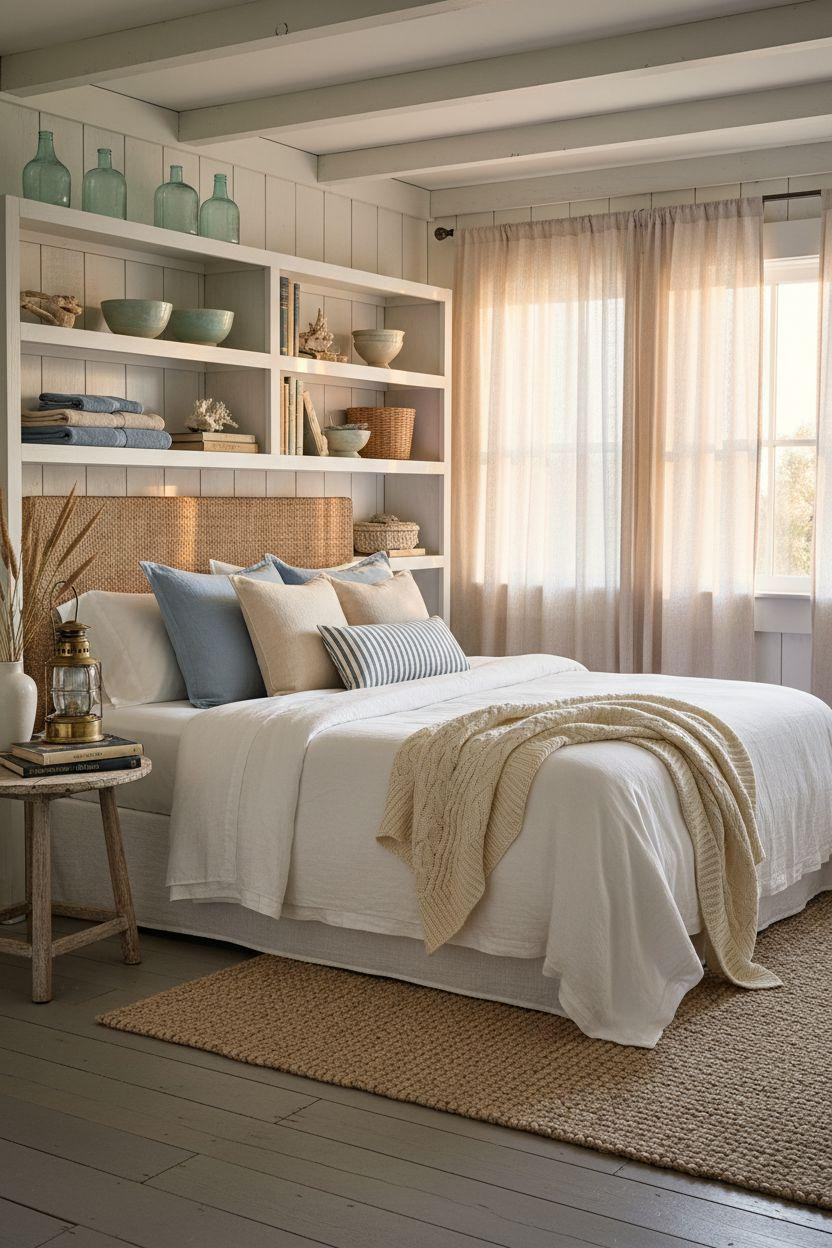 Coastal Bedrooms - rattan headboard with mixed coastal styling