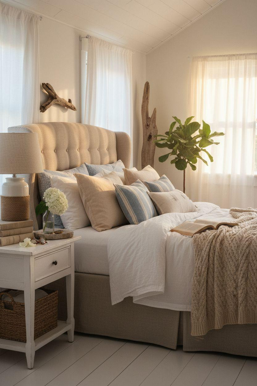 Coastal Bedrooms - cozy coastal bed with cable knit throw