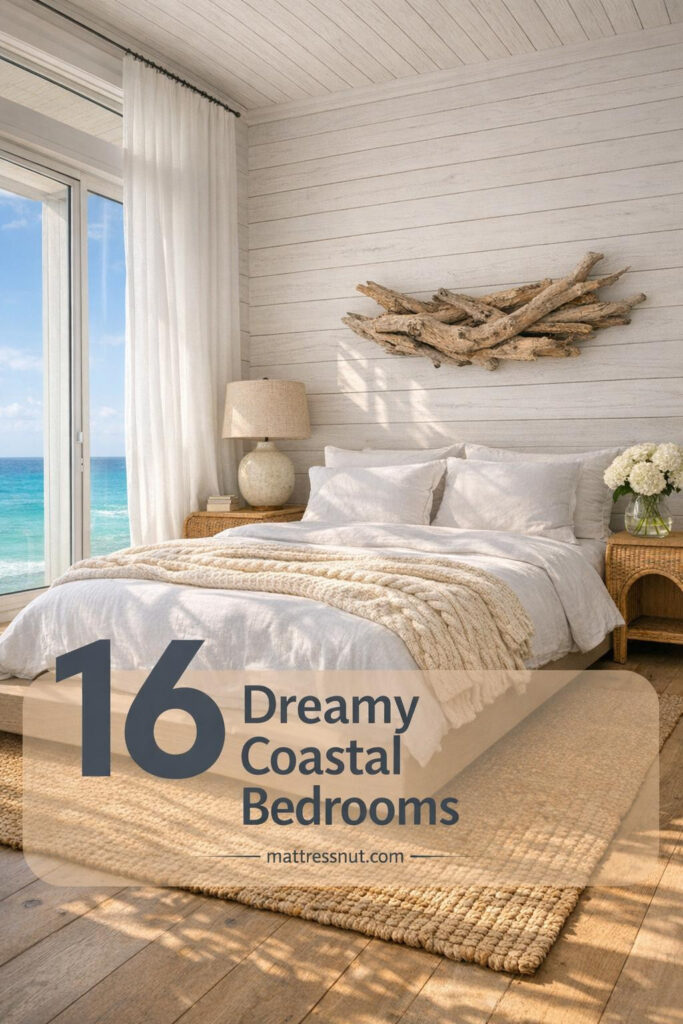 Serene coastal bedroom featuring whitewashed shiplap walls, platform bed with white linen, rattan nightstands, jute rug, and floor-to-ceiling windows overlooking turquoise ocean