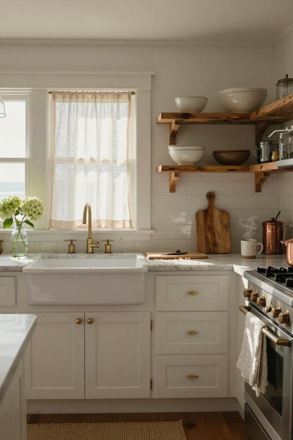 Coastal kitchen with fireclay sink and reclaimed wood shelves