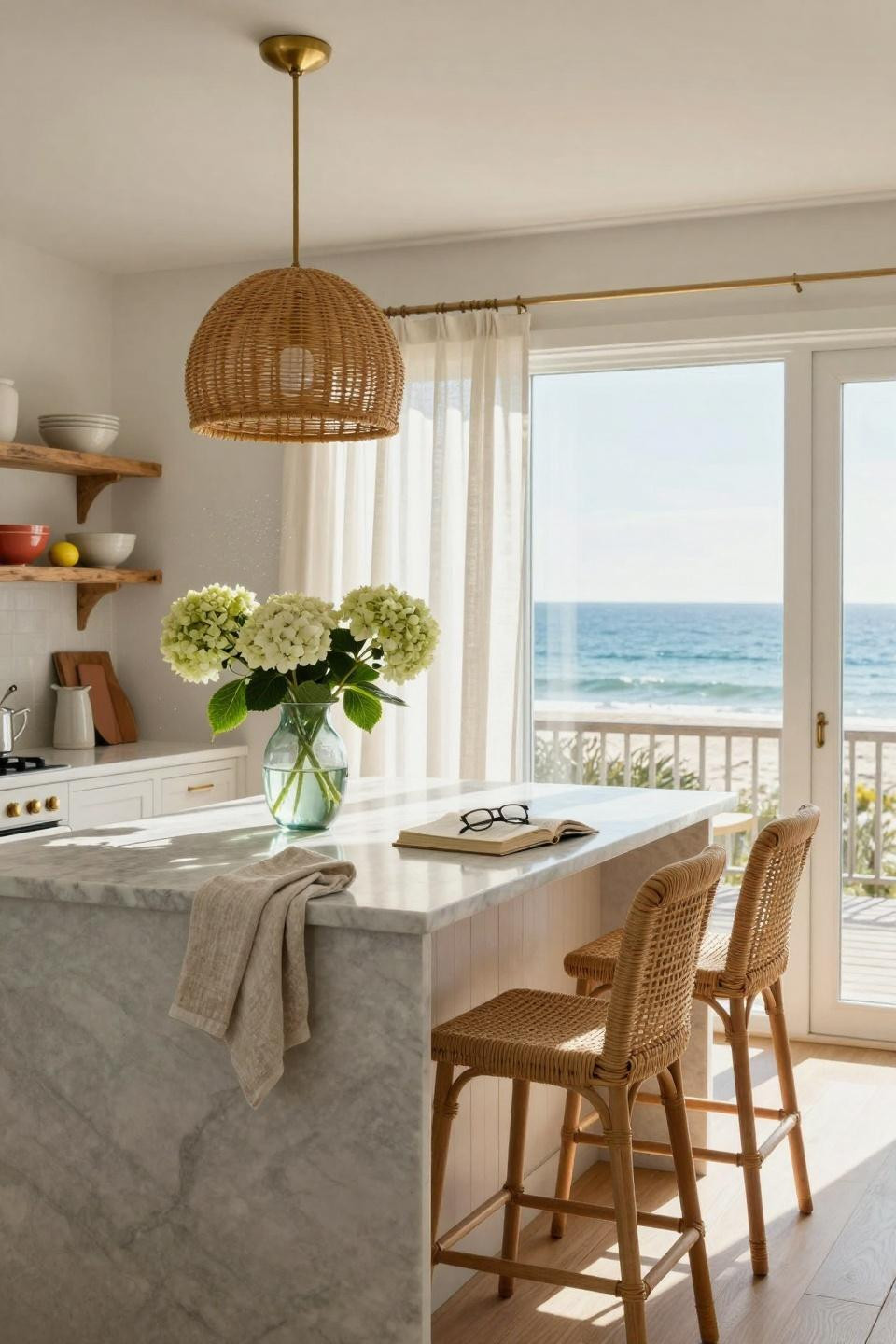 Coastal kitchen with rattan pendant and marble island