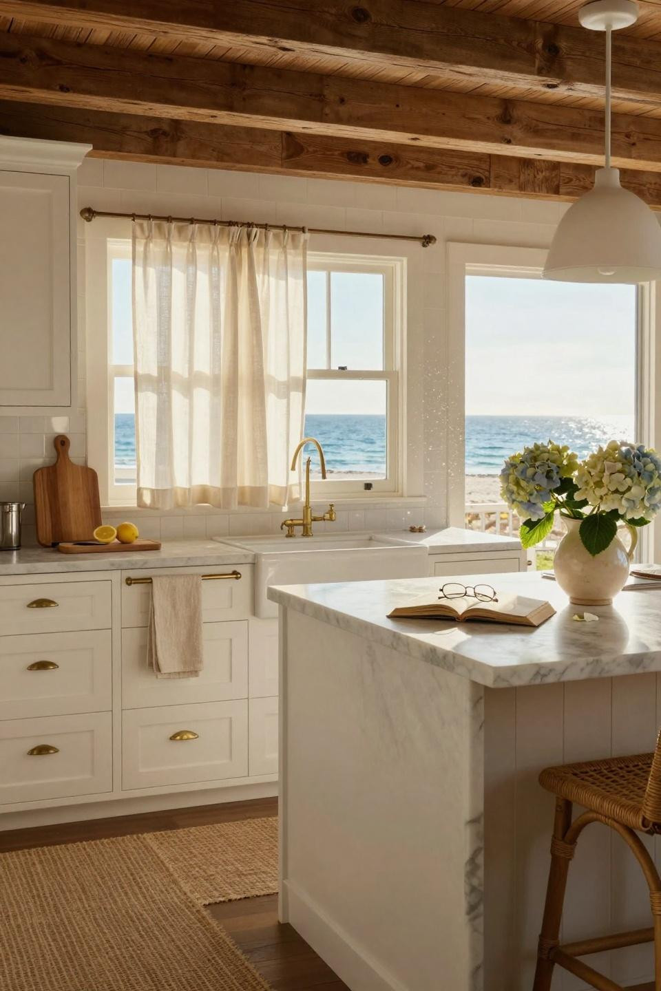 Coastal kitchen with marble waterfall island and rattan stools