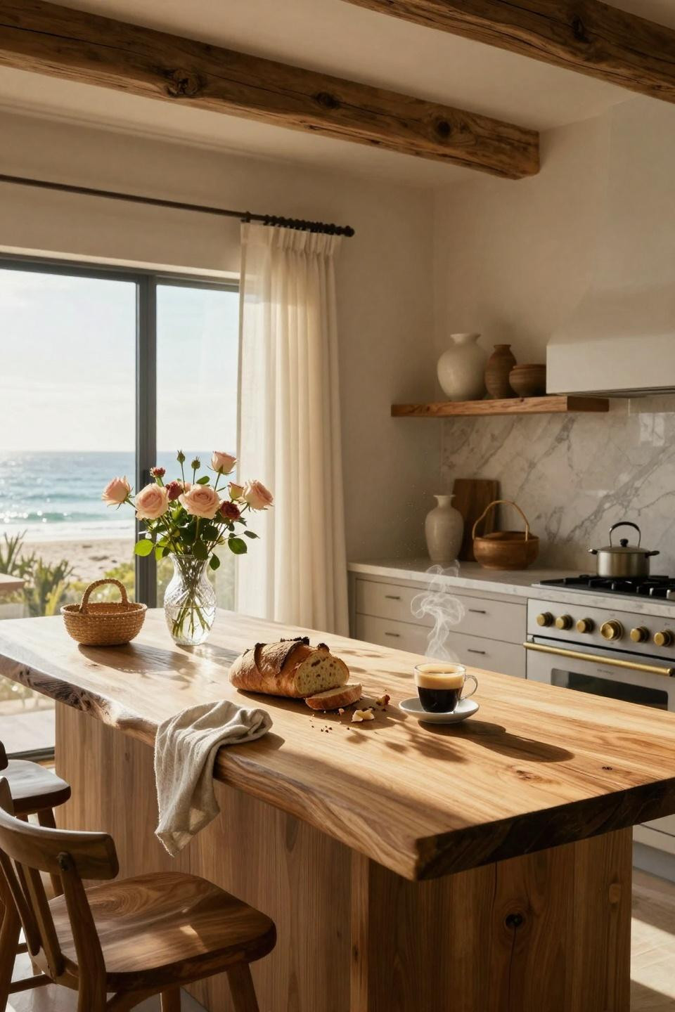 Coastal kitchen with white oak island and ocean views