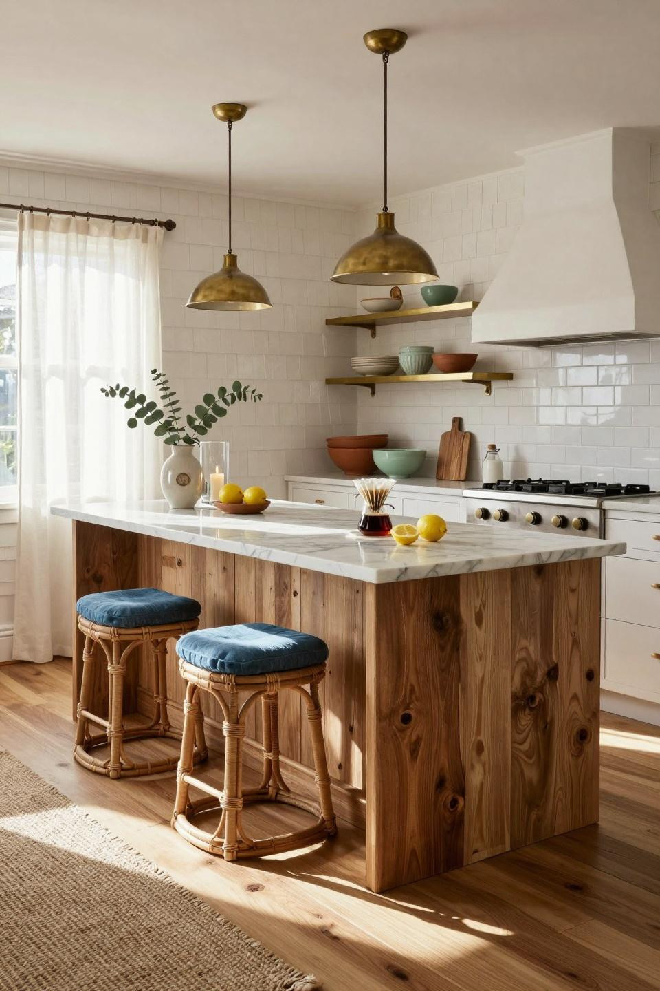 Coastal kitchen with reclaimed driftwood island and brass fixtures