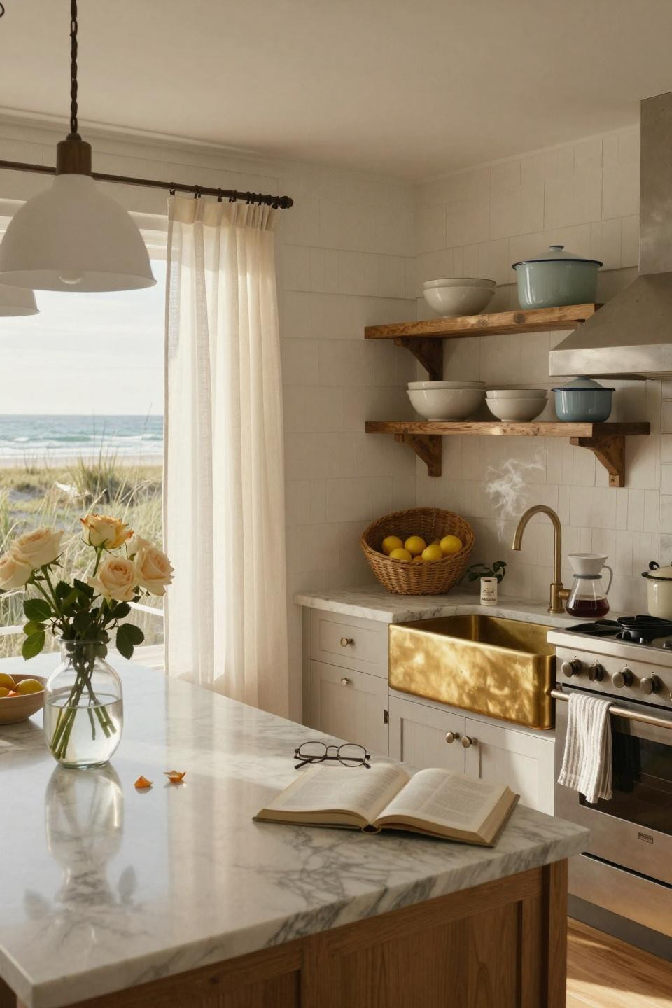 Coastal kitchen with brass sink and marble island