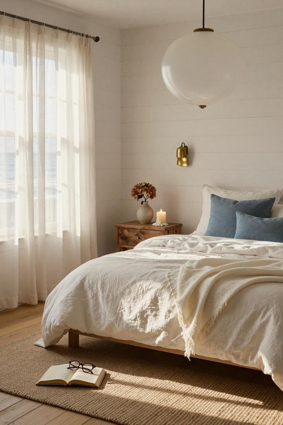 Coastal Cottage bedroom with neutral bedding and natural light