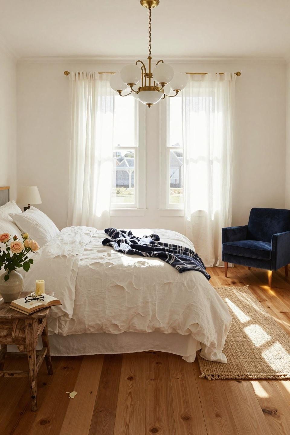 Coastal Cottage bedroom with colorful textiles and sculptural lighting